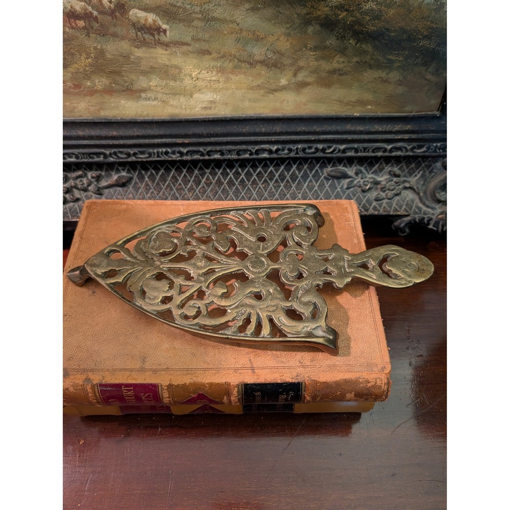 Vintage Ornate Gold Tone MetalF iligree Trivet Footed Scrollwork 10.5x5